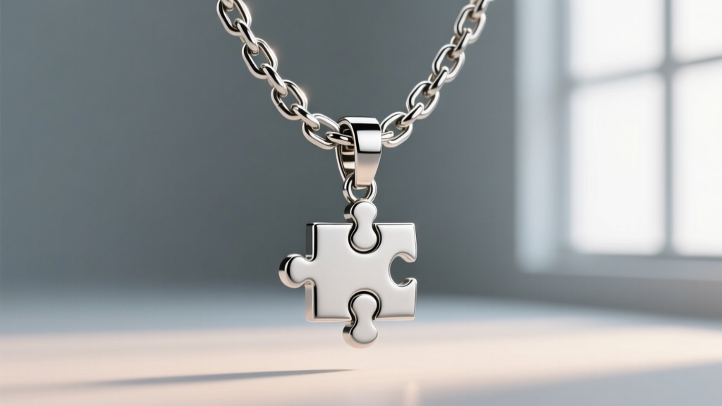 Macro photography of a 1.2mm 316L stainless steel rolo chain with a secure lobster claw clasp attached to a puzzle-cut pendant