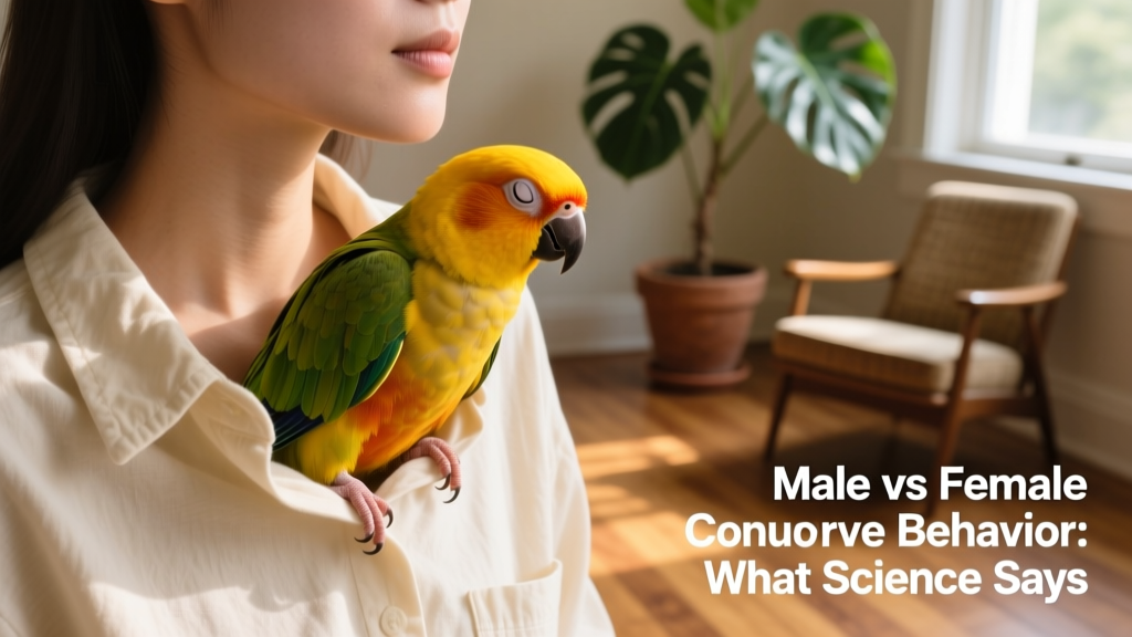 A female sun conure nestled comfortably inside the collar of a soft cotton shirt, eyes half-closed in relaxation