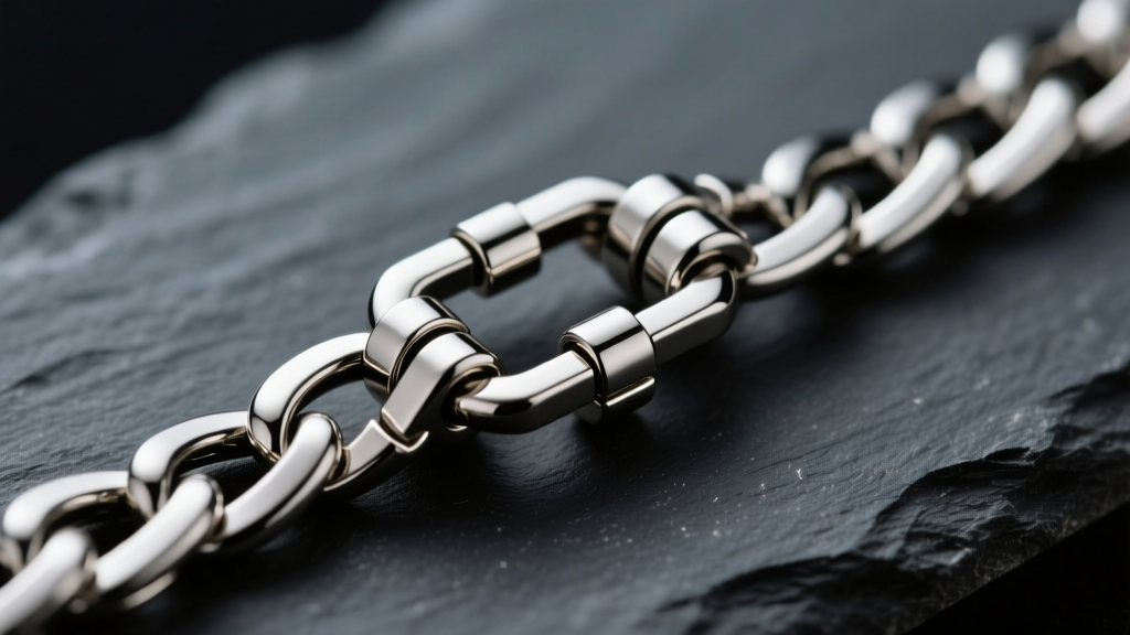 Macro shot of a 4mm stainless steel Figaro chain clasp showing laser-welded links and polished finish against dark slate.