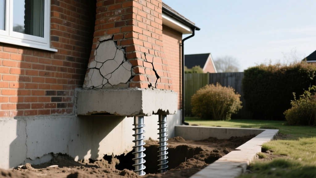 Leaning masonry chimney with exposed concrete footing and steel helical piers being installed at the base of a brick house