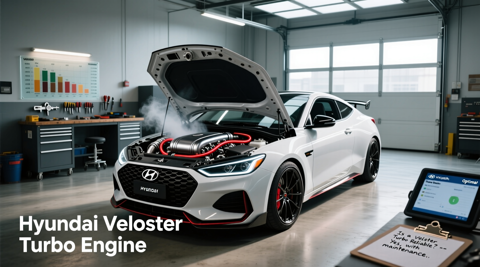 Close-up view of 2014 Hyundai Veloster Turbo engine bay showing turbocharger assembly
