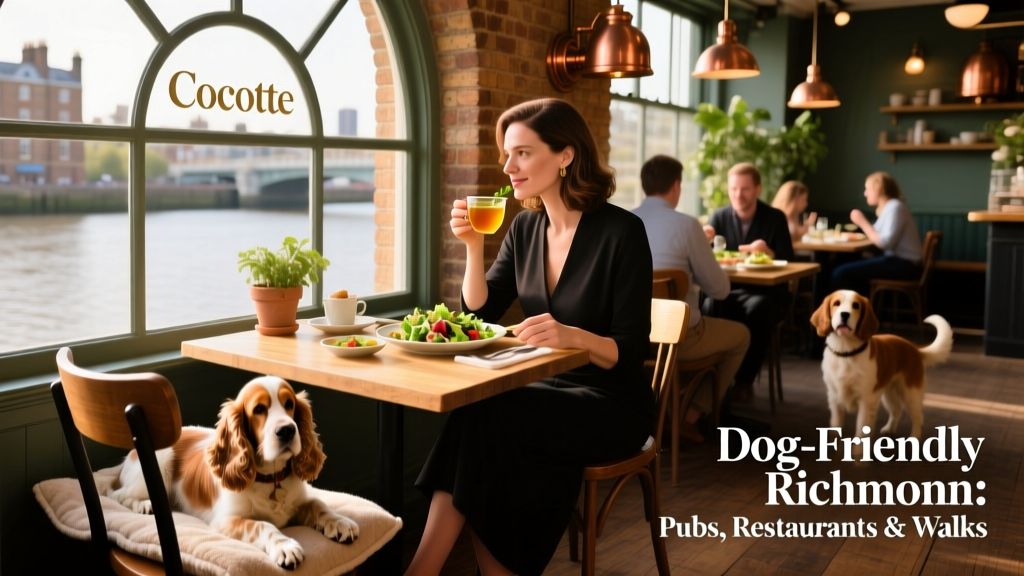 A woman enjoying lunch at Cocotte restaurant with her calm Cocker Spaniel resting beside her chair