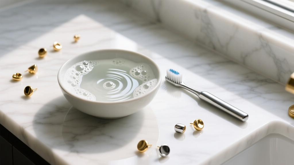 Overhead shot of a bowl with soapy water, a toothbrush, and scattered gold and titanium stud earrings on a white marble countertop