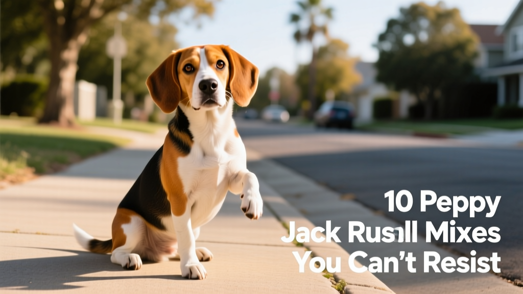 jackabee dog with beagle eyes and jack russell body sitting on pavement on a sunny day
