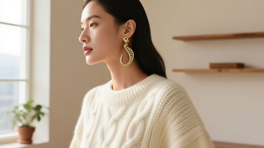 Side profile of a model wearing a gold angler hook dangle earring, styled with a cozy knit fisherman sweater in soft daylight.