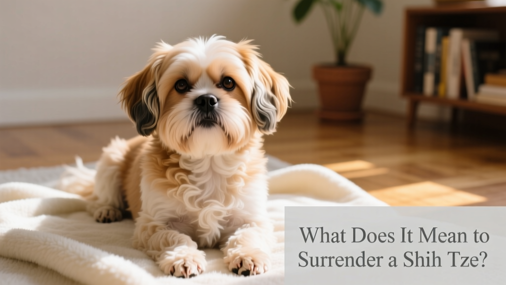 A gentle close-up of a Shih Tzu looking calmly at the camera, sitting on a soft blanket