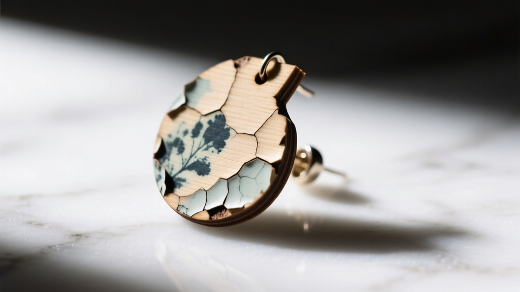 Side profile of a faded sublimation MDF earring showing peeling edges on white marble under harsh, bright studio lighting.