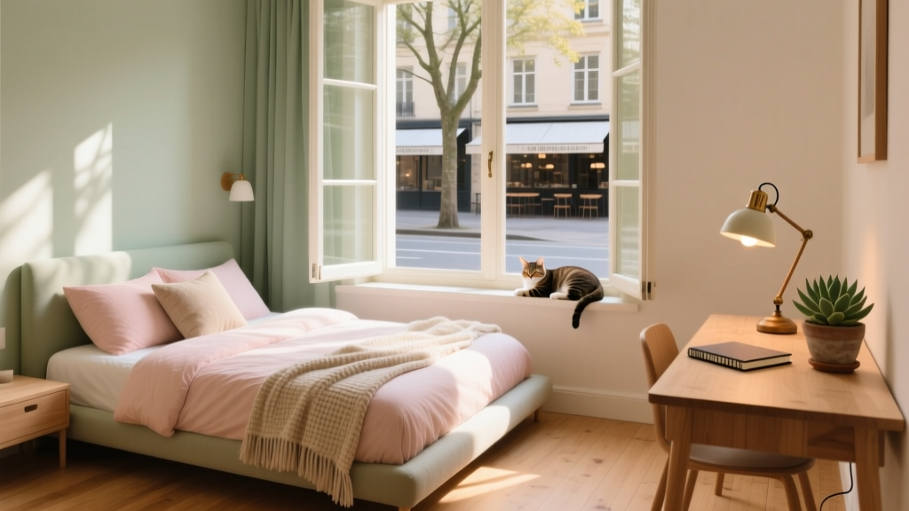 A cozy, sunlit private room in a women-focused hostel with soft bedding, a small desk, and a window overlooking a quiet street