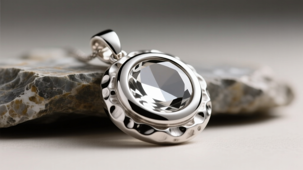 Macro shot of a platinum numemon pendant showing contrast between polished inner bezel and raw unpolished outer organic texture.