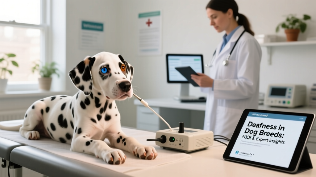A Dalmatian puppy with one blue eye and one brown eye undergoing a BAER hearing test at a veterinary clinic