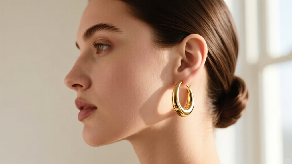 Side profile of a model wearing medium gold vermeil hoop clip on earrings, showing proper weight distribution on the earlobe.
