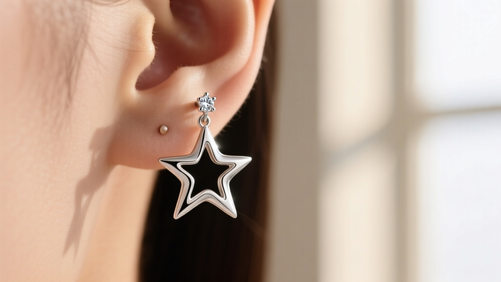 Close-up macro shot of a delicate silver shooting star earring with a tiny bezel-set diamond accent, worn on a pierced ear lobe