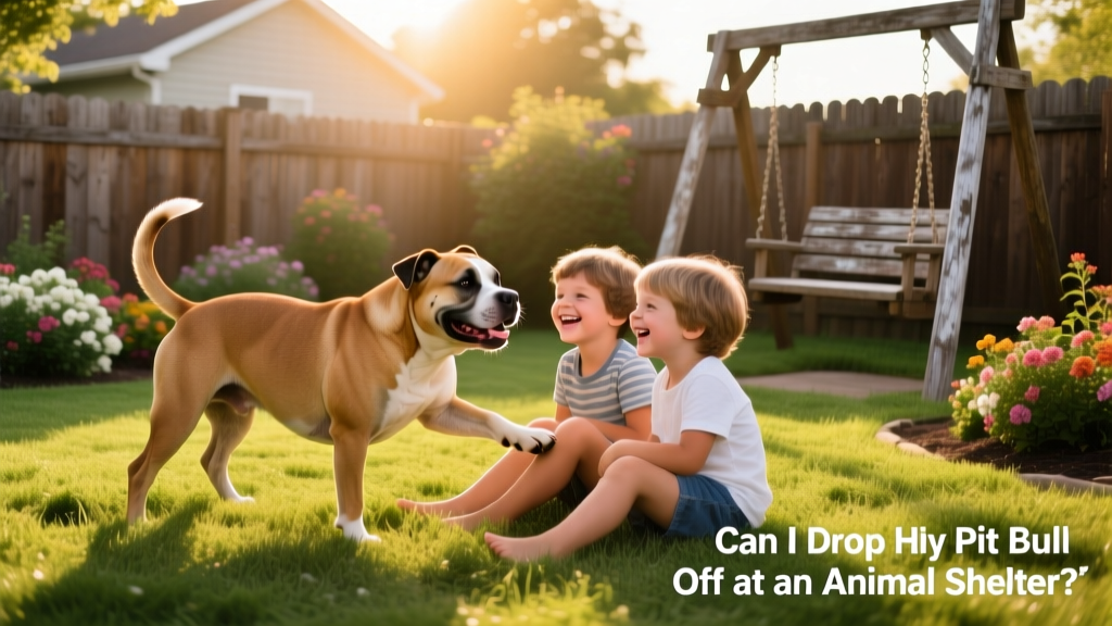 A happy pit bull playing gently with children in a fenced backyard