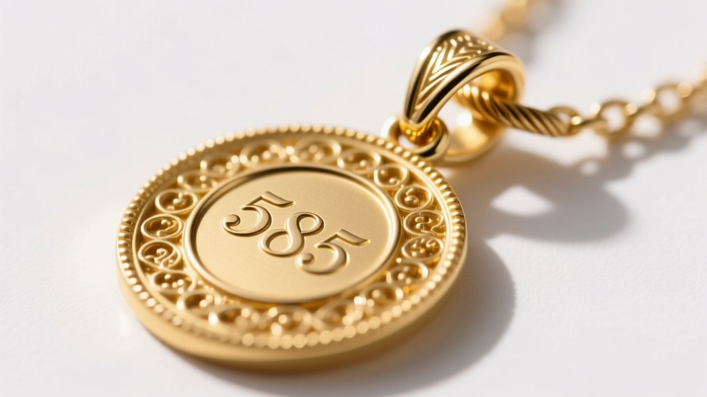 Macro shot of a 14k gold miraculous medal pendant bail, showing the 585 stamp and a sturdy 1.2mm cable chain attachment point.