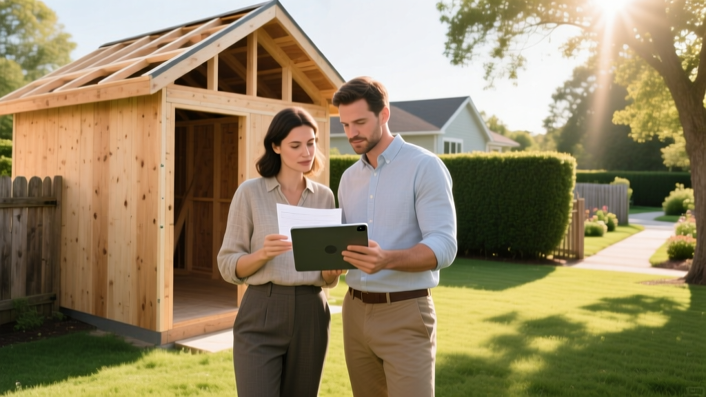 Couple reviewing construction budget and loan documents on a tablet next to a partially framed wooden storage shed in a sunny backyard.