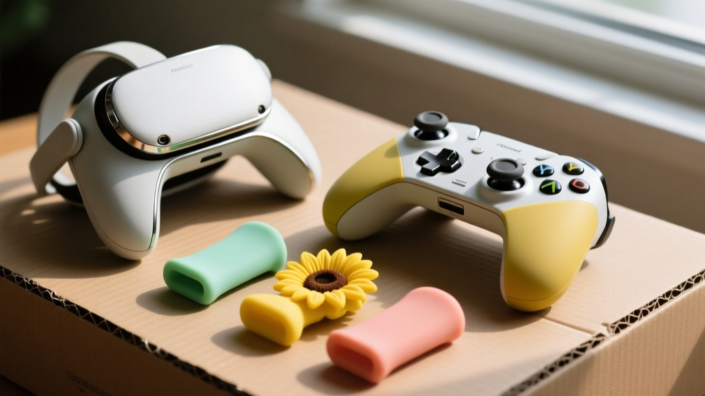 Refurbished VR controllers and eco-friendly biodegradable silicone grips arranged neatly on a recycled cardboard surface.