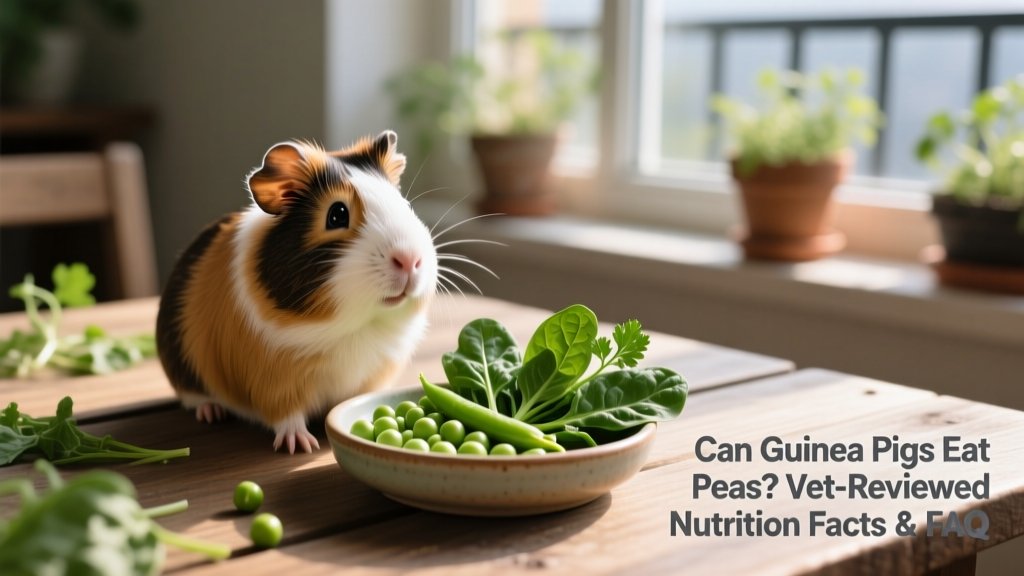 A happy, healthy guinea pig sitting beside a small dish of fresh peas and leafy greens