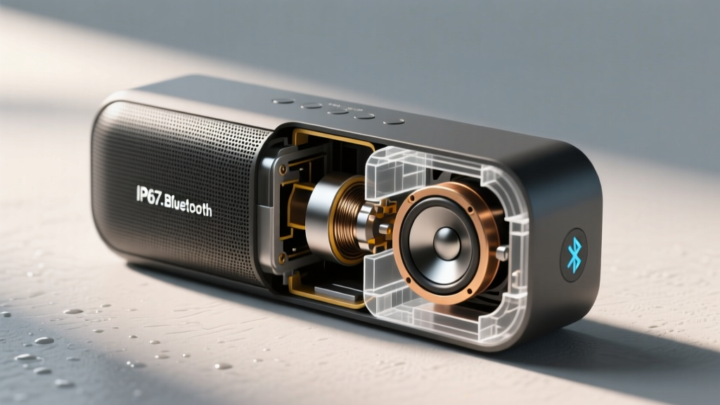 Technical cutaway illustration of a small IP67 waterproof Bluetooth speaker showing the internal passive radiator and compact driver cone