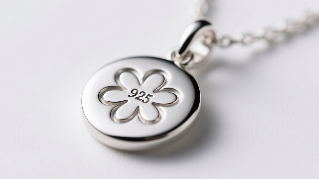 Macro photography showing the tiny 925 hallmark stamped on the back of a sterling silver daisy pendant, lit by soft studio light.