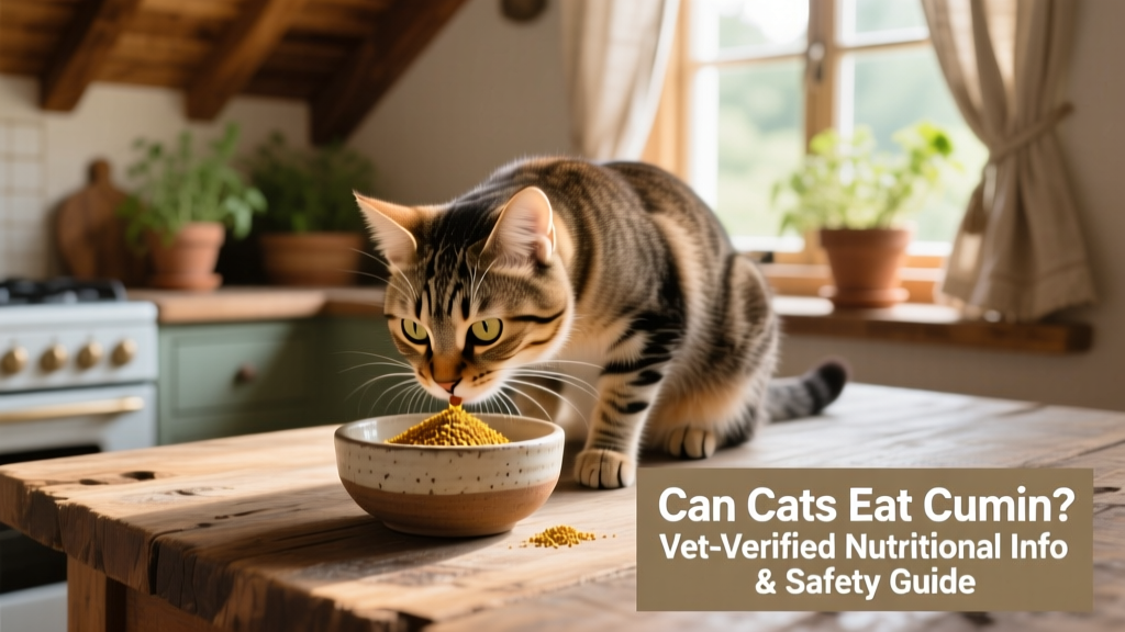 A curious cat sniffing a small ceramic bowl containing a pinch of ground cumin