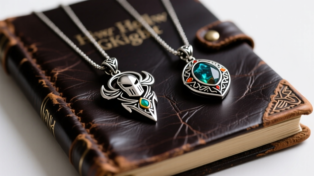 Silver Hollow Knight pendants including Grimmchild and Shaman Stone, arranged neatly on a dark vintage leather journal background