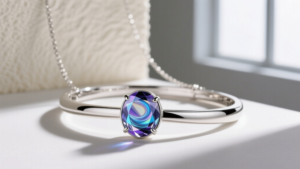 Side profile of a premium mood necklace with a domed quartz cabochon over liquid crystals, set in polished 925 sterling silver.