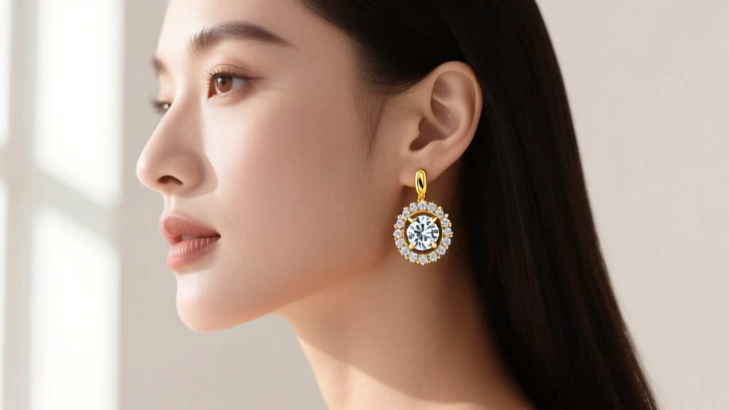 Side profile of a woman wearing 2-carat total weight diamond halo drop earrings in yellow gold, soft natural window lighting