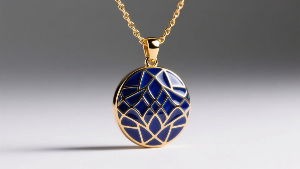 Macro shot of cobalt vitreous enamel pendant on a gold chain, revealing intricate guilloche patterns under bright studio lighting.