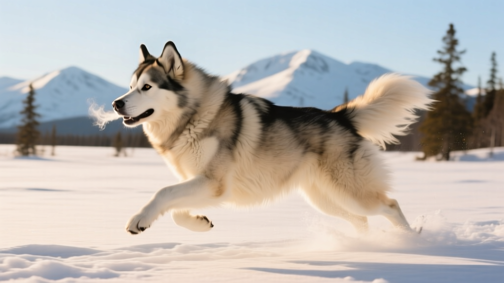 Alaskan Malamute running in snow
