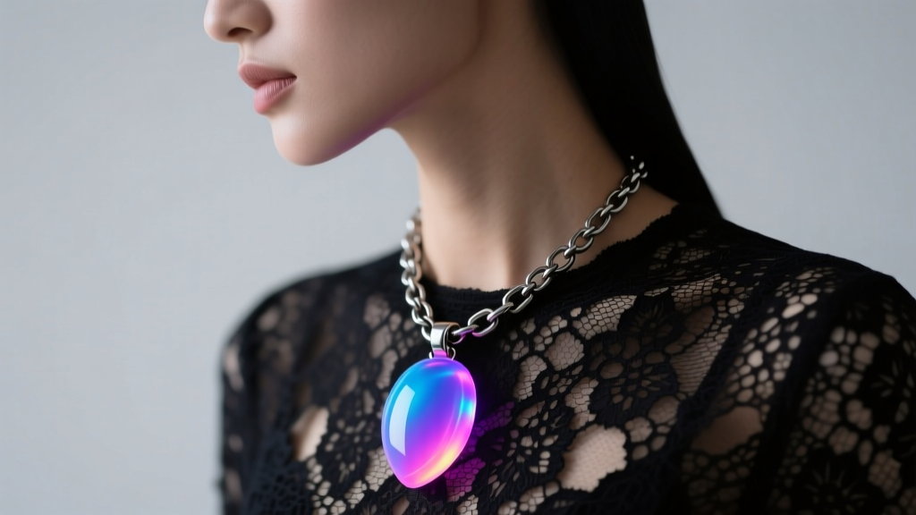 Side profile of model wearing glowing UV resin pendant necklace over dark lace costume, sturdy 14-gauge steel chain visible.