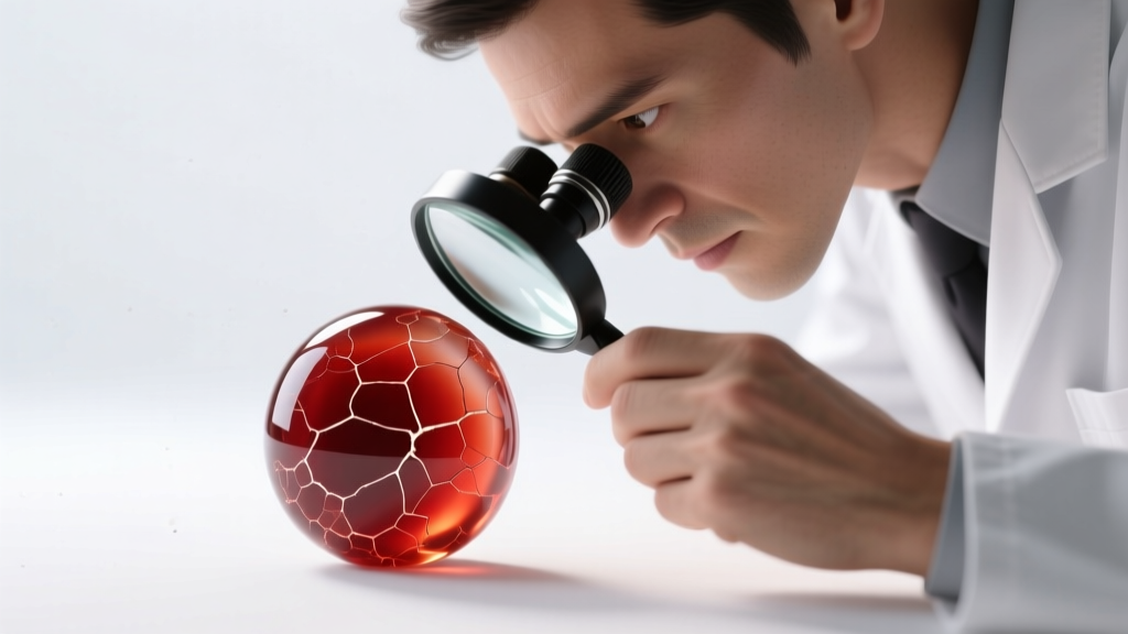 Jeweler using a 10x loupe to inspect a carnelian agate bead for dye concentration in microscopic fractures on a white backdrop