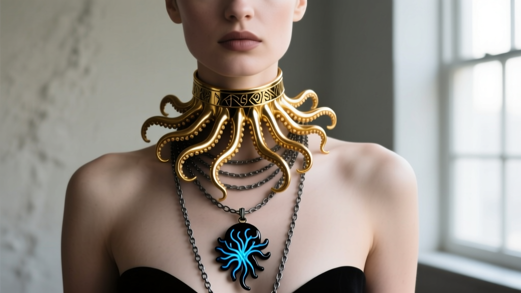 Woman wearing layered necklaces with a gold tentacle choker and a long dark silver chain holding a dark sea witch style pendant.