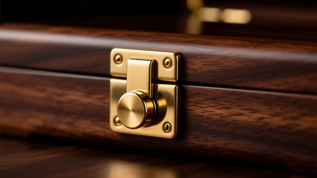 Close-up of a polished solid brass push-button jewelry box latch on a dark walnut wood surface, illuminated by soft studio lighting.