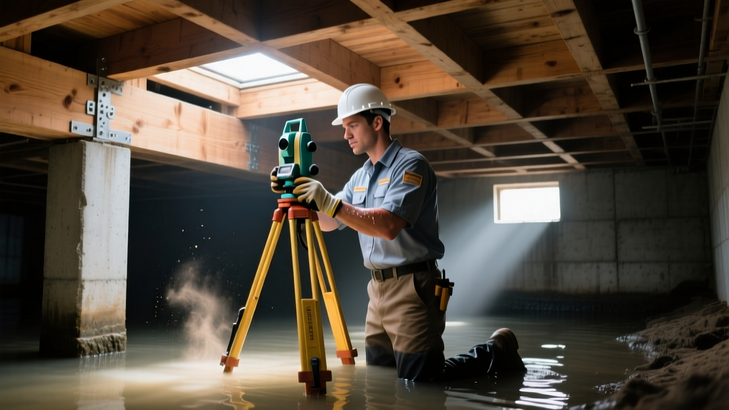 Structural engineer using a digital altimeter on a floor to measure differential settlement inside a pier-and-beam foundation crawlspace area