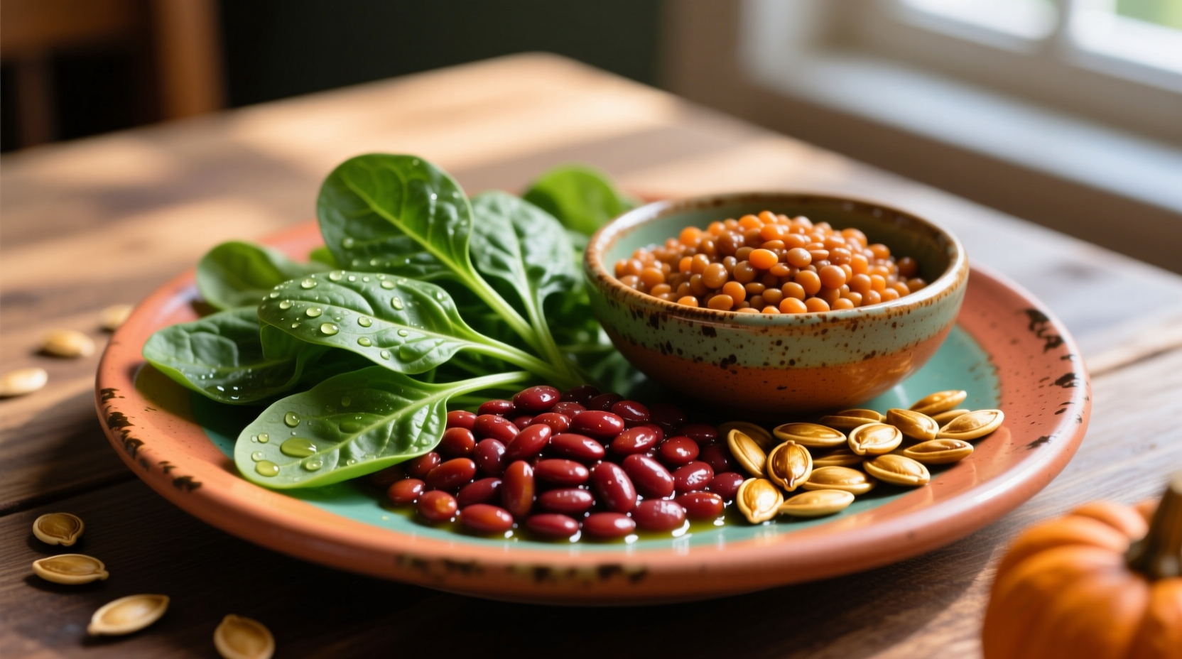 Colorful plate of iron-rich foods including spinach, lentils, and pumpkin seeds