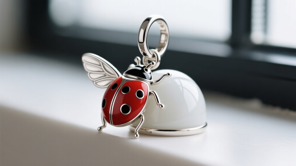 Close-up comparing soft enamel recessed lines versus polished hard epoxy resin on a sterling silver ladybug hoop charm attachment.