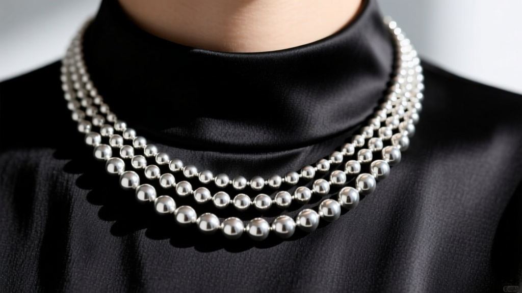 Close-up of a layered silver beads necklace with 2mm and 4mm sterling silver spheres resting on a black silk blouse collar.