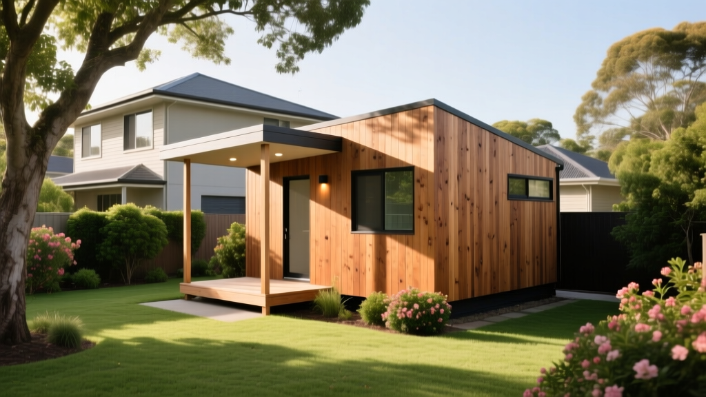 Modern detached granny flat with cedar siding and a small covered porch situated in a lush suburban backyard next to a main house