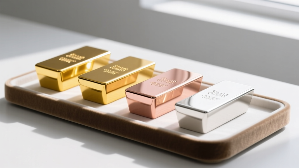 Polished yellow, rose, and white gold ingots on a jeweler's bench beside digital calipers under bright, neutral studio lighting.