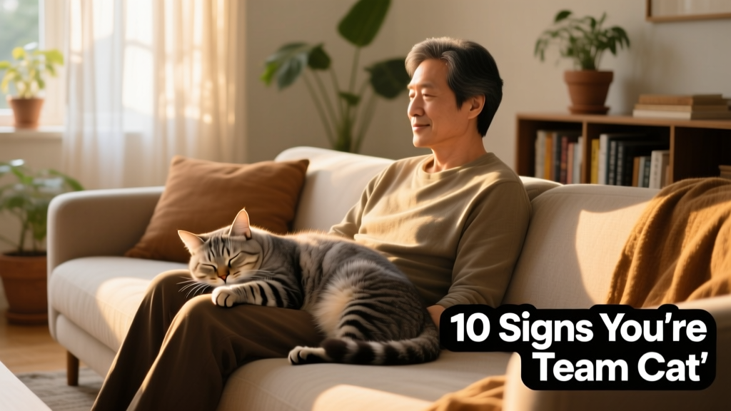 A person sitting very still on the sofa while a cat sleeps soundly across their lap