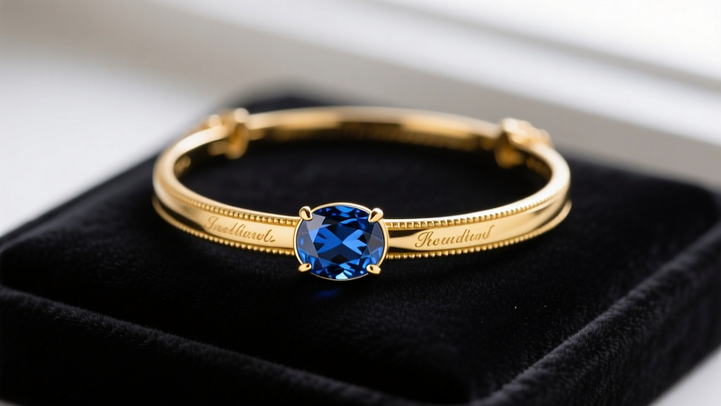 Elegant 18k yellow gold betrothal necklace with bezel-set oval sapphire pendant resting on a dark velvet jewelry display pad.