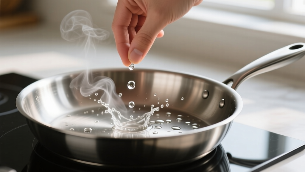 Hand dropping a water bead into a heated Made In 5-ply stainless steel frying pan to check surface temperature before adding avocado oil