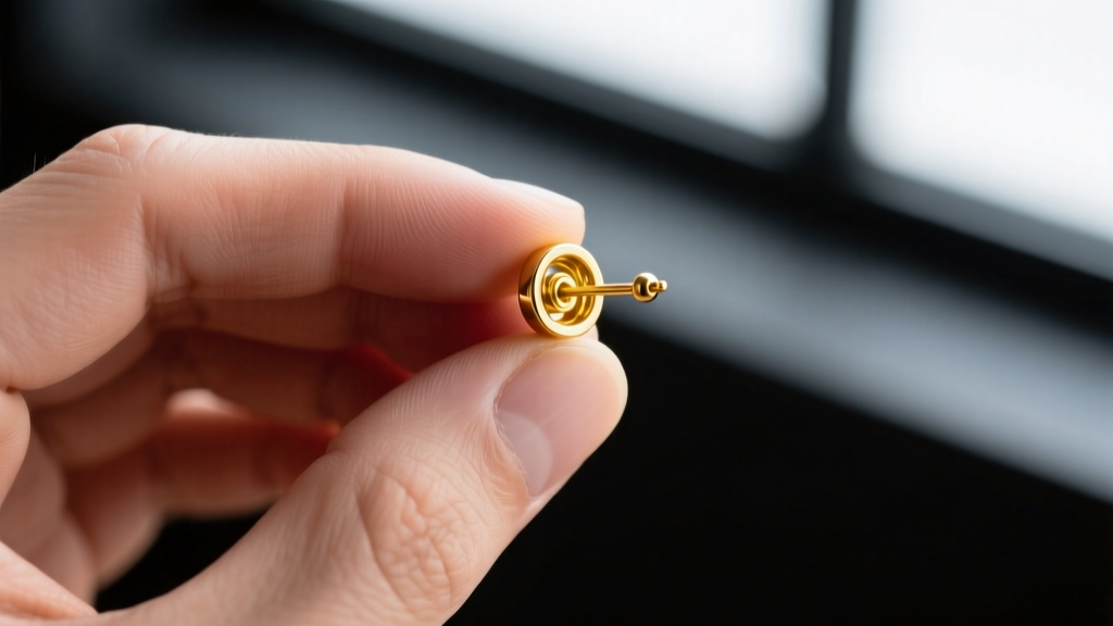 A male hand holding a 14-karat solid yellow gold threadless earring end, showcasing the small pin mechanism against a dark slate backdrop