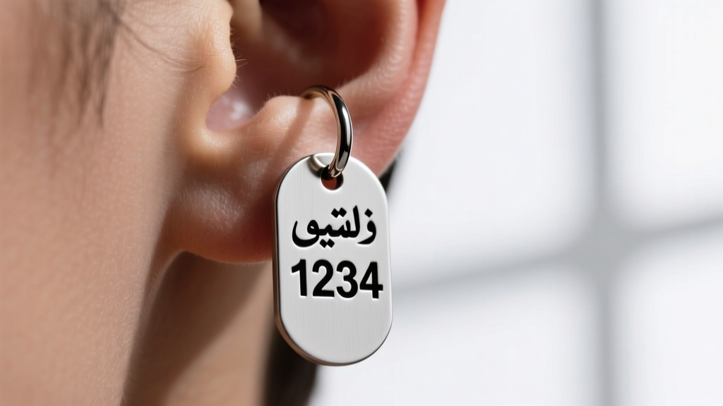 Anodized aluminum cattle tag earring on a stretched lobe, showing stamped black numbers and a polished steel captive bead ring.