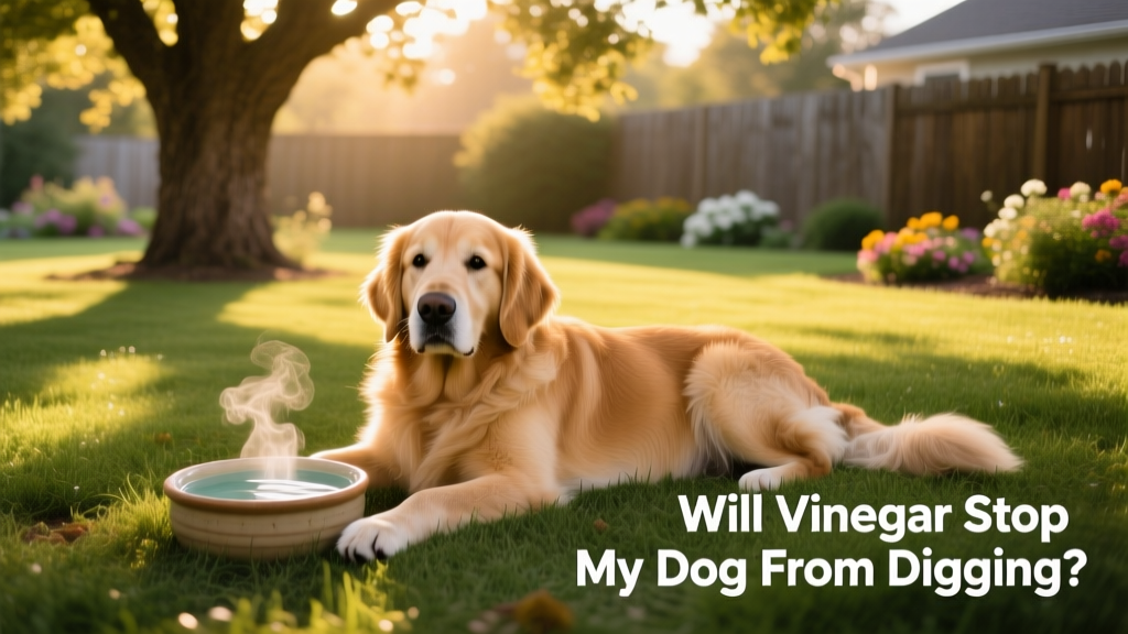 A dog resting comfortably in a shaded, grassy yard with a bowl of water nearby