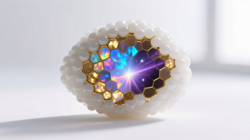 Macro shot of white opal internal structure, showing tightly packed silica spheres diffracting light into bright spectral colors.