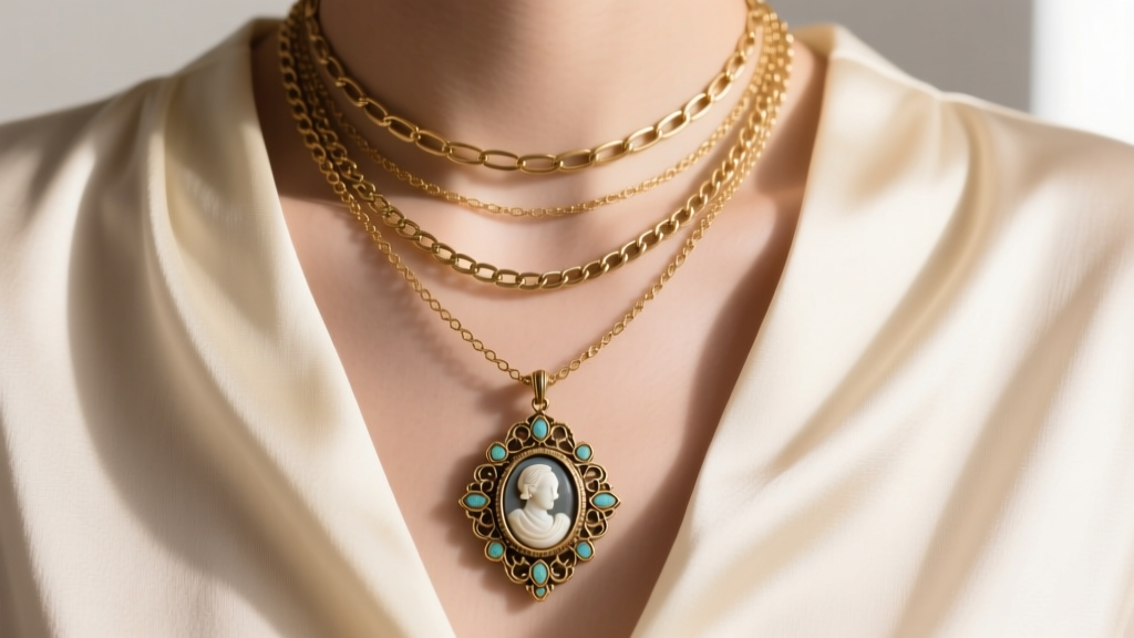 Layered necklace stack with an 18-inch belcher chain holding an antique Victorian charm necklace pendant over a cream silk top.