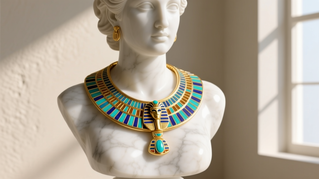 Wide 14k gold Usekh-inspired collar necklace with turquoise and lapis enamel segments on a marble bust in natural daylight.