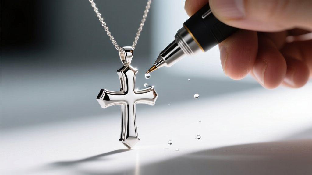 Macro shot of a jeweler using an electroplating pen to apply fresh bright rhodium to a white gold cross necklace pendant.