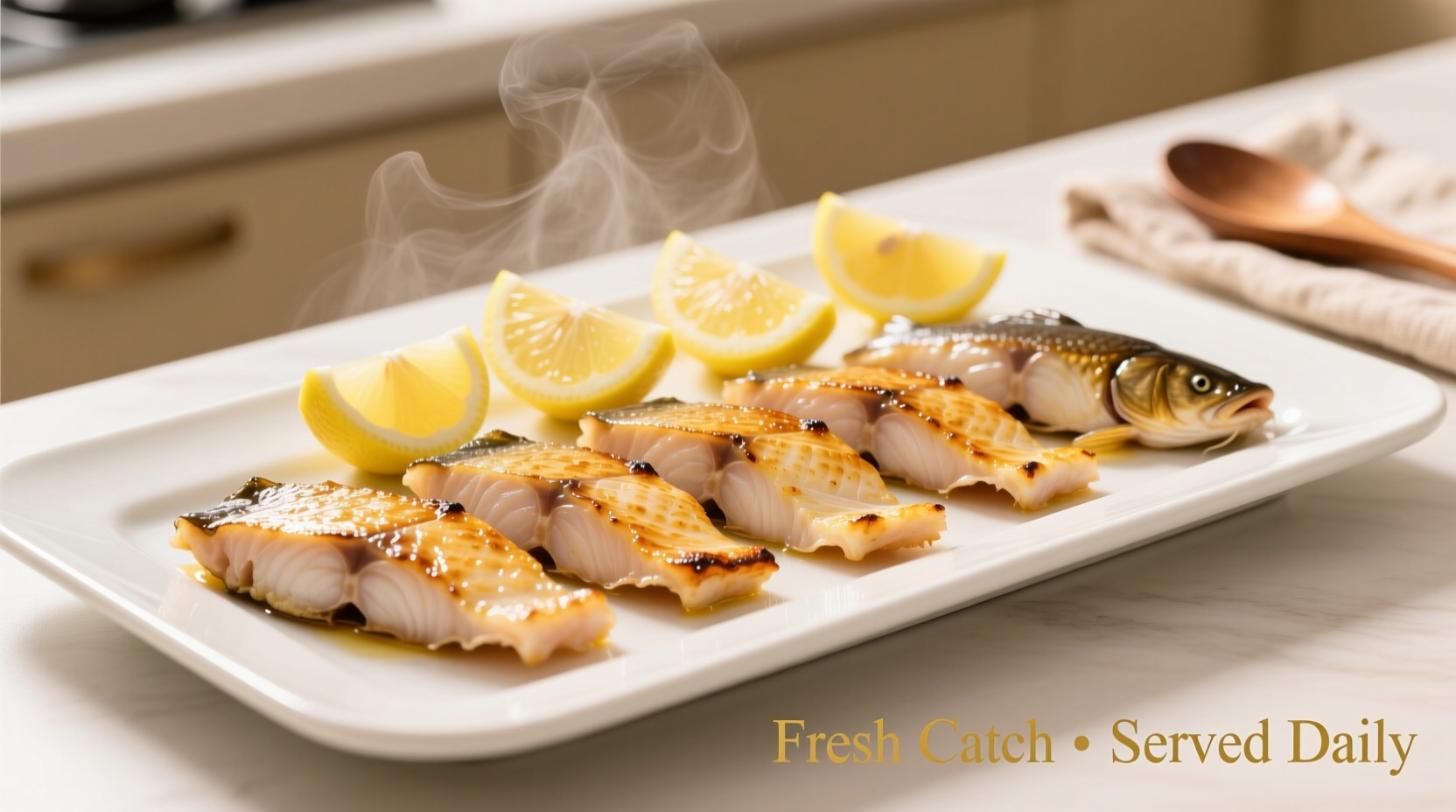Golden brown catfish fillets on white plate with lemon wedges